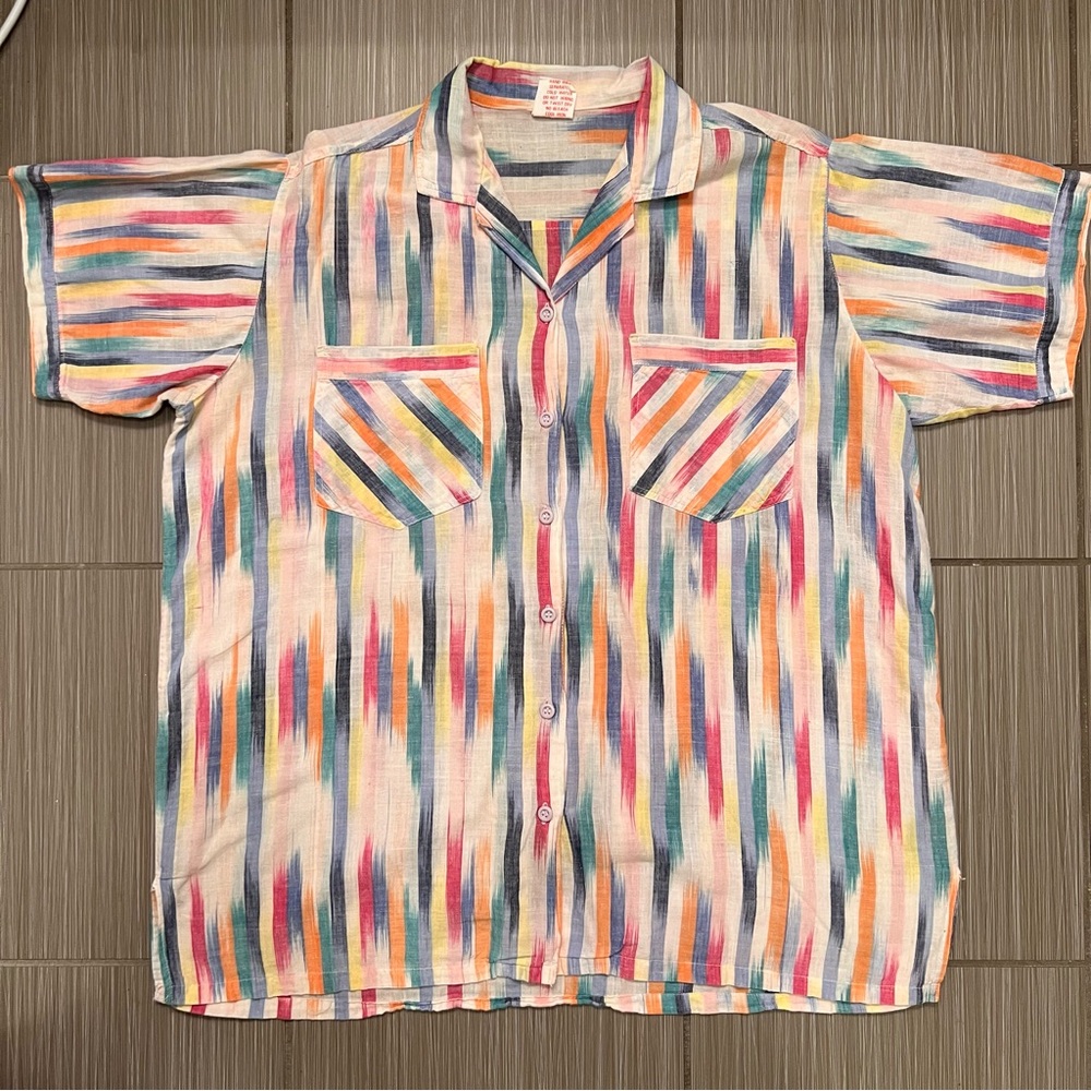 Vintage 1970s Collared Cotton Shirt button down large lightweight summer pattern - Picture 8 of 14